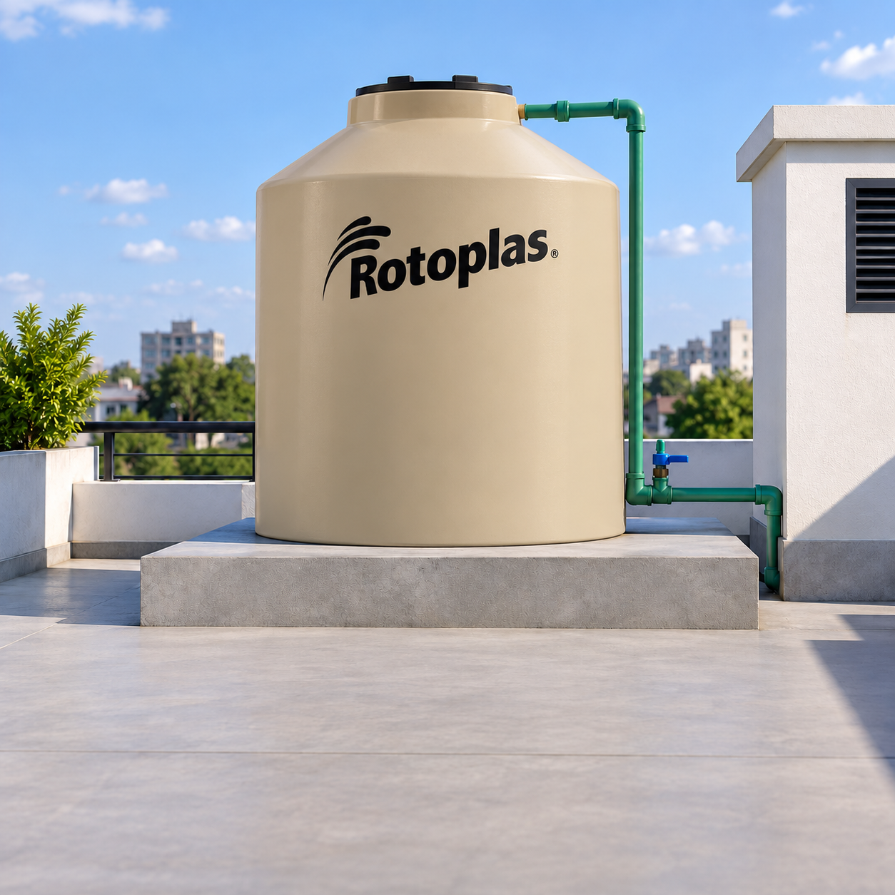 Recreación de un tanque Rotoplas beige instalado en una terraza